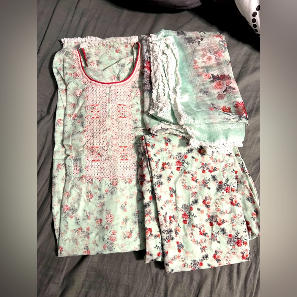 Sea green printed cotton suit with pant with dupatta